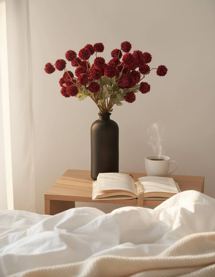 Faux Kiku Flower - Red (10 stems/50 blooms)